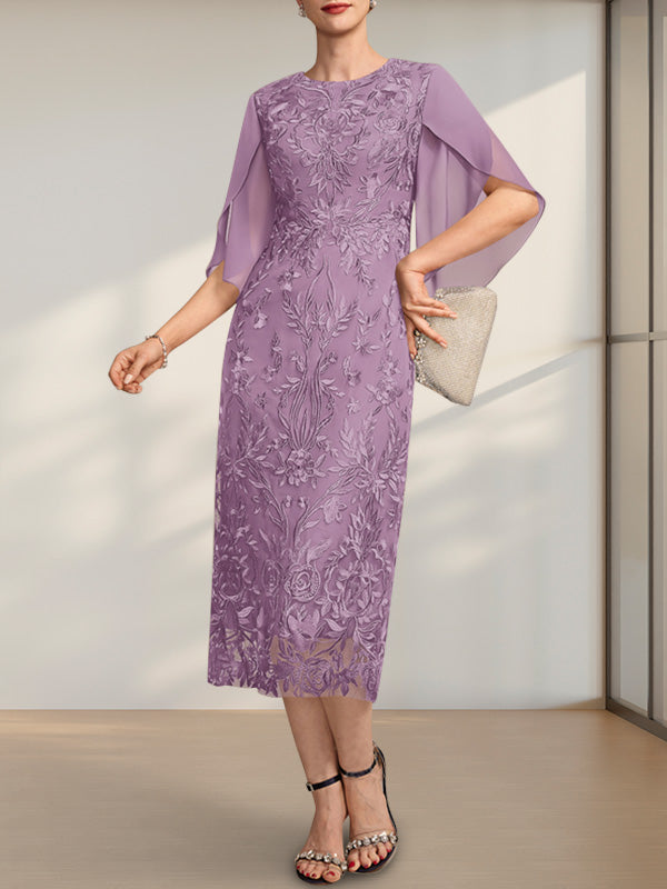 Vestido de novia de gasa de encaje, corte recto/columna, largo hasta la rodilla, con escote redondo.