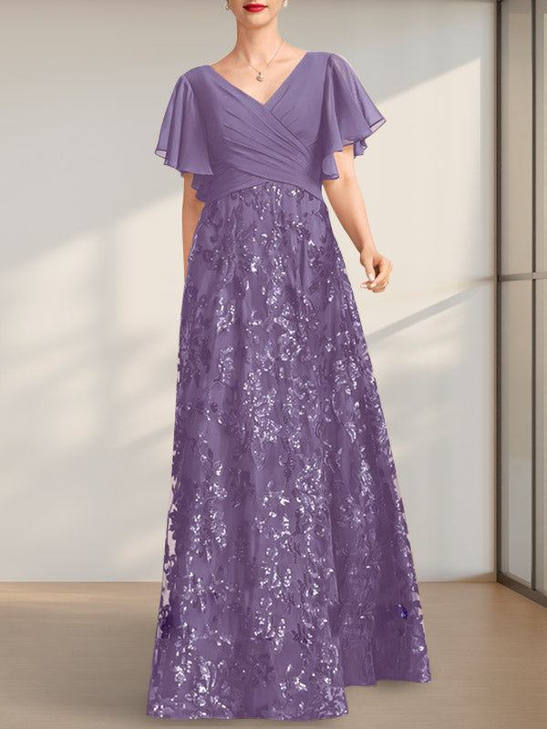 Vestido de novia de corte A, escote en V, largo hasta el suelo, de encaje, lentejuelas y gasa, con pliegues.