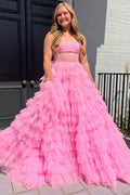 Vestido de fiesta de tul brillante con corsé sin tirantes y corte en A con volantes