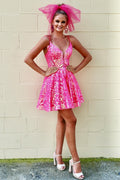 Robe de bal courte trapèze en dentelle et sequins rose fuchsia scintillants