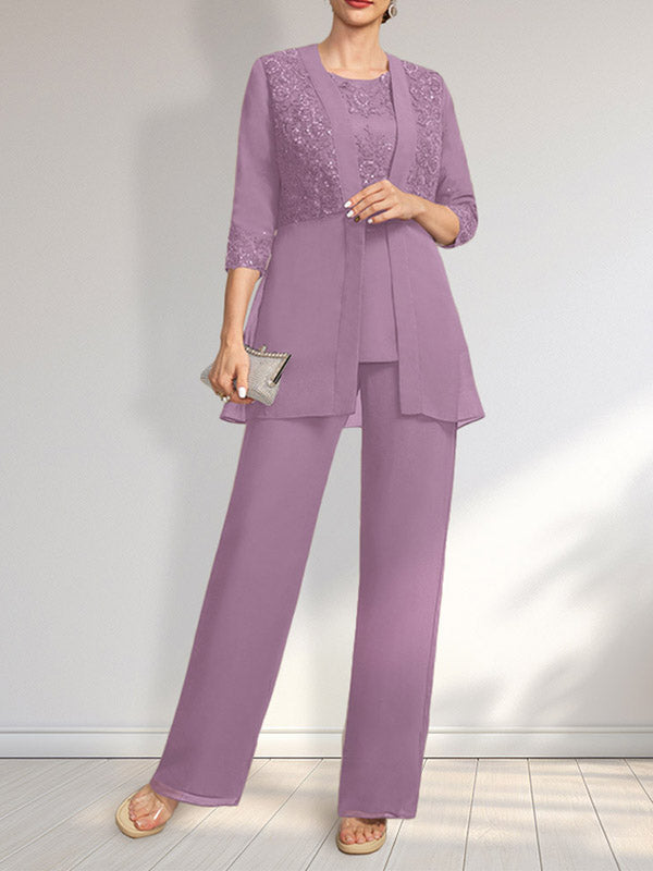 Vestido de novia de gasa con encaje y lentejuelas, estilo mono/traje pantalón, largo hasta el suelo, con escote redondo.