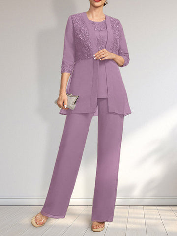 Jumpsuit/Pantsuit Separates Scoop Floor-Length Chiffon Lace Mother of the Bride Dress With Sequins