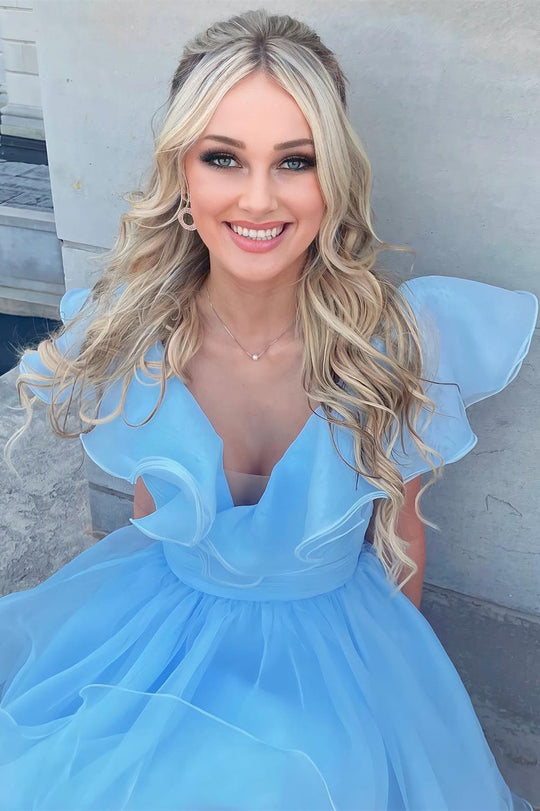 Vestido de fiesta de línea A con escote en V y volantes de organza