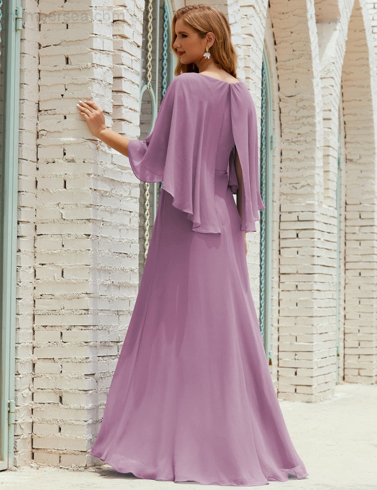 Vestido de dama de honor Sunderly para mujer, manga larga, cuello en V, de gasa, vestido formal de fiesta de boda SY28018