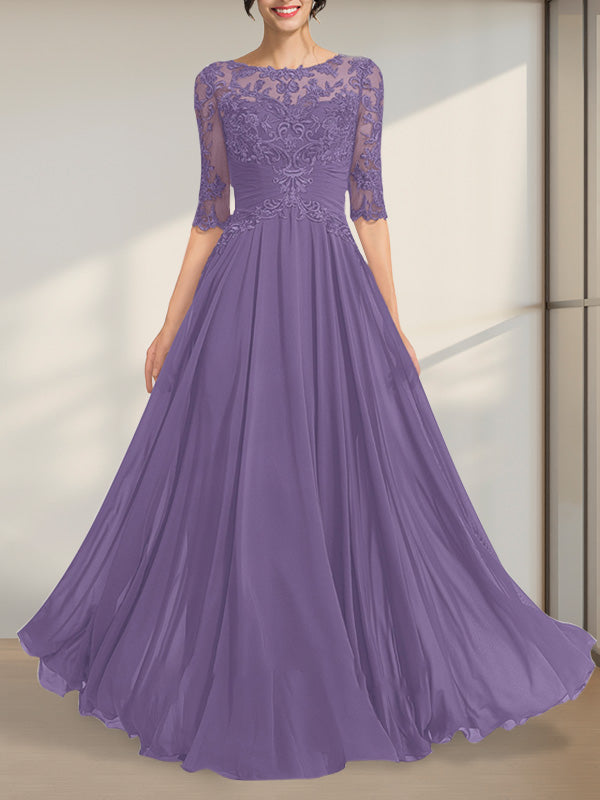 Vestido de novia de corte A, escote ilusión, largo hasta el suelo, de gasa y encaje, con lentejuelas plisadas.