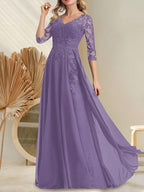 Vestido de novia de corte A, escote en V, largo hasta el suelo, de gasa de encaje con lentejuelas para la madre de la novia