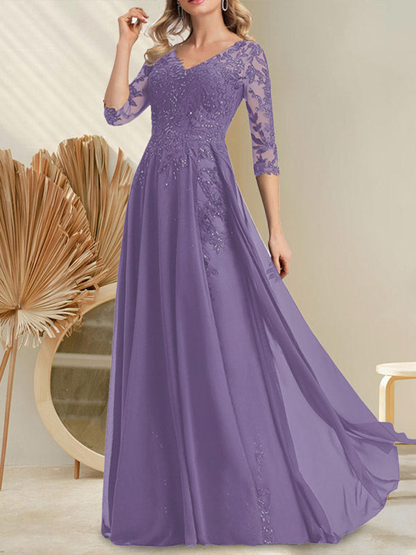 Vestido de novia de corte A, escote en V, largo hasta el suelo, de gasa de encaje con lentejuelas para la madre de la novia