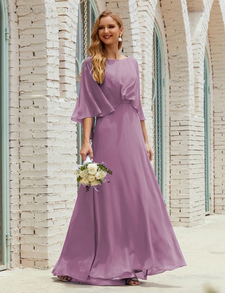 Vestido de dama de honor Sunderly para mujer, manga larga, cuello en V, de gasa, vestido formal de fiesta de boda SY28018