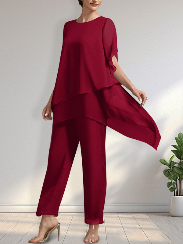 Vestido de gasa de dos piezas para la madre de la novia: mono/traje pantalón con escote redondo y largo hasta el tobillo.