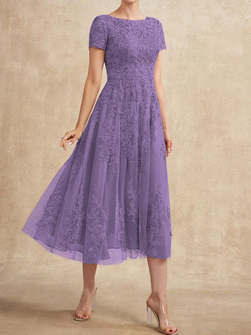 A-line Scoop Tea-Length Tulle Lace Mother of the Bride Dress