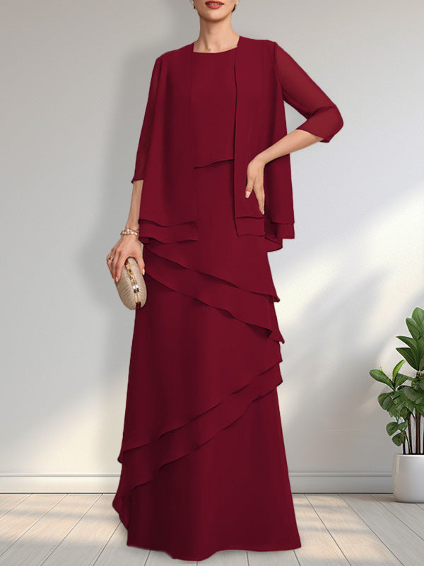 Vestido de gasa de corte recto y escote redondo hasta el suelo para la madre de la novia