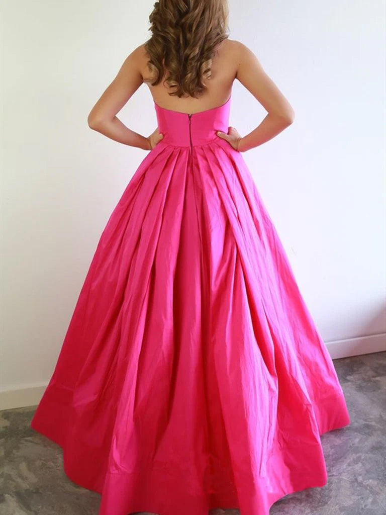 Vestido de fiesta fucsia corte A con escote corazón, vestido de noche de satén