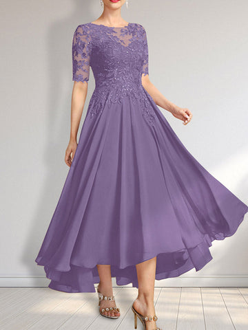 A-line Scoop Illusion Asymmetrical Chiffon Lace Mother of the Bride Dress With Sequins