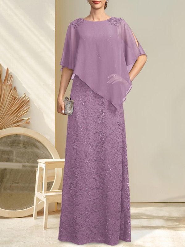 Robe fourreau/colonne longue en mousseline de soie et dentelle, ornée de sequins et de perles, pour la mère de la mariée.