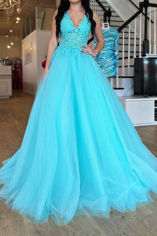 Gorgeous A Line V Neck Purple Long Prom Dress with Appliques