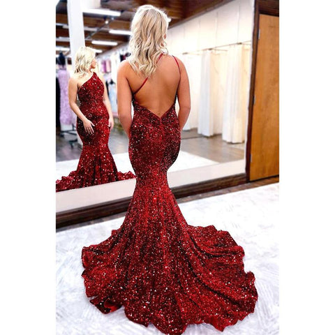 Unique One Shoulder Sequins Burgundy Prom Dress Glitter
