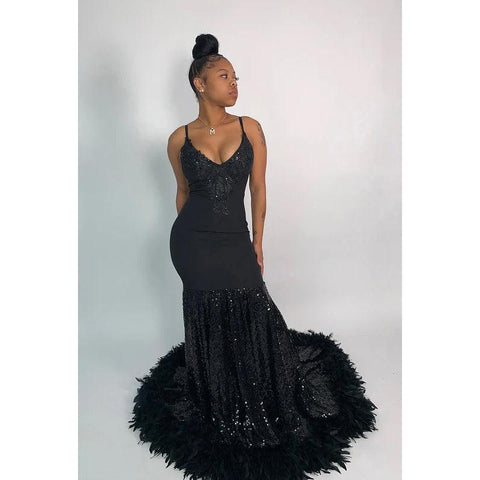 V-Neck Appliqued Sequins Feather Satin Mermaid Long Prom Evening Dress