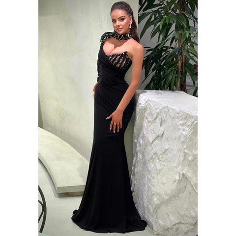 Robe de bal de fin d'année noire, sexy et tendance, col haut, perles, manches longues et scintillantes 