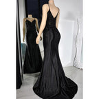 Vestido de fiesta de noche con lentejuelas y escote en V, estilo sirena, glamuroso y dramático, con tirantes finos
