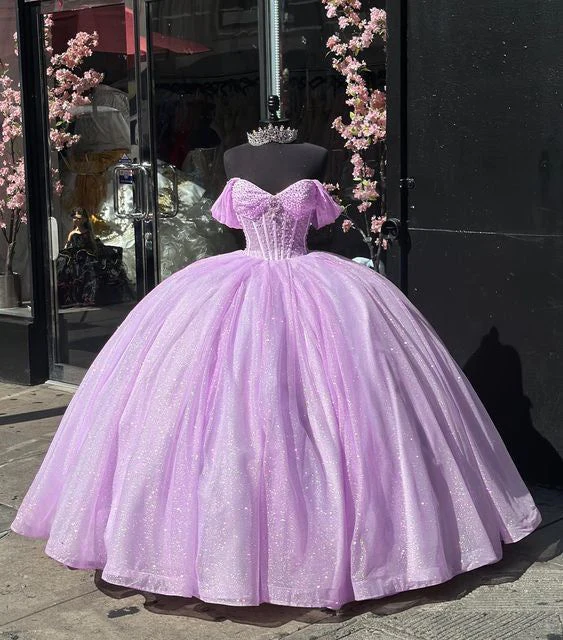 Vestido de quinceañera de tul lila con hombros descubiertos y lentejuelas, modelo Y7463