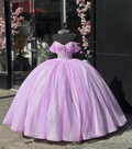 Vestido de quinceañera de tul lila con hombros descubiertos y lentejuelas, modelo Y7463