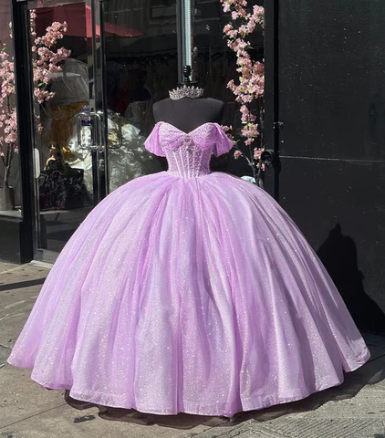 Robe de bal de quinceañera en tulle lilas à paillettes et perles, épaules dénudées, Y7463