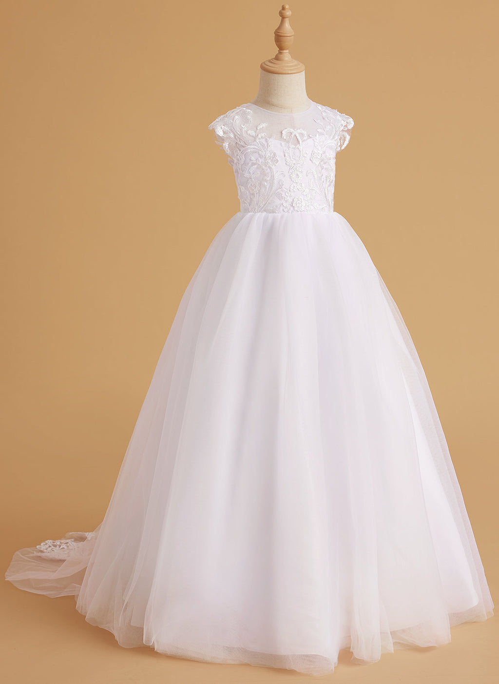 Vestido rosa de niña de las flores, corte en A, encaje, tul y cola corta 