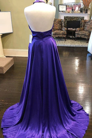 Robe de bal longue violette à col halter et dos nu, coupe trapèze