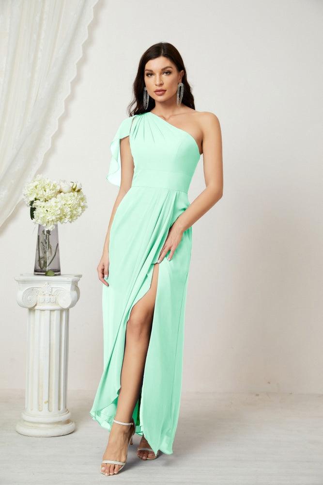 Baoleely  Chiffon Ruffled One Shoulder Long Bridesmaid Dresses A-line Formal Evening Gown Side Split 2809