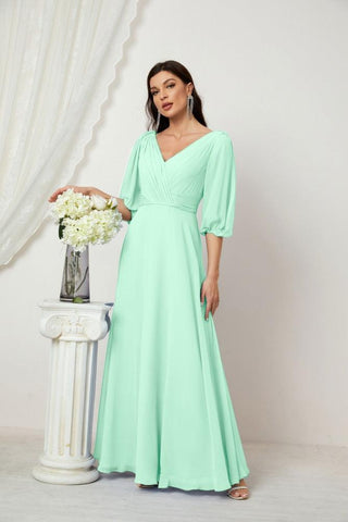 Baoleely  Formal Prom Gown Women V-Neck Chiffon Bridesmaid Dresses Long Bishop Sleeve Party Dress 2807