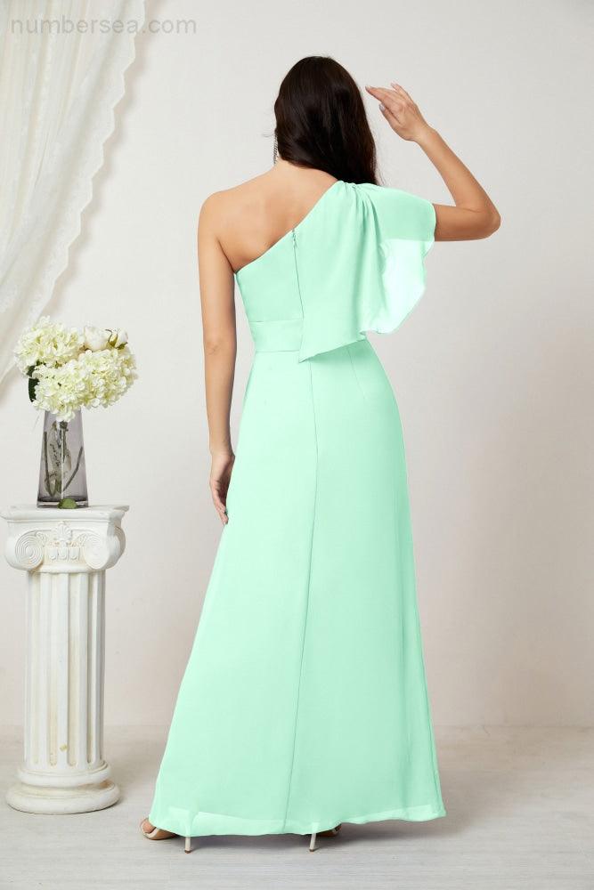 Baoleely  Chiffon Ruffled One Shoulder Long Bridesmaid Dresses A-line Formal Evening Gown Side Split 2809