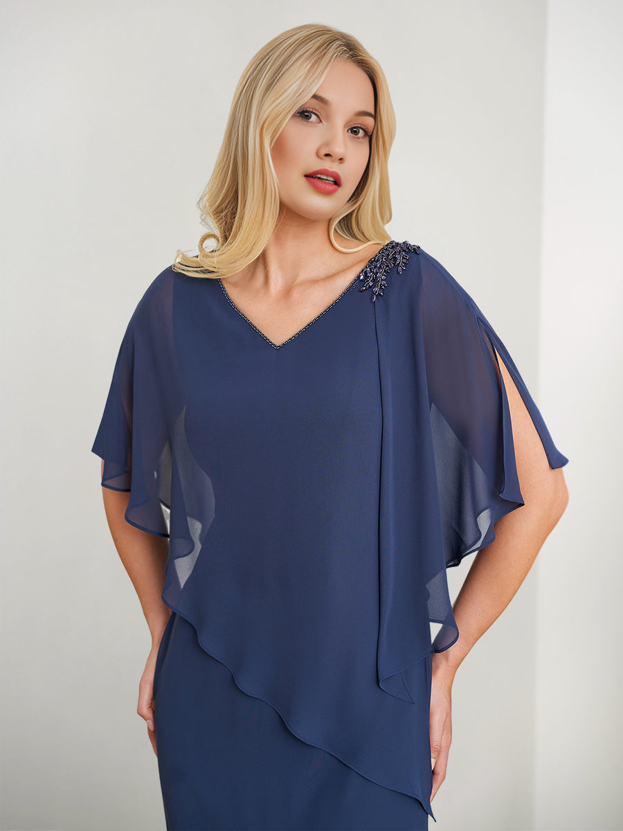 Vestidos de corte recto/columna para la madre de la novia con escote en V, bordados y abertura lateral. 