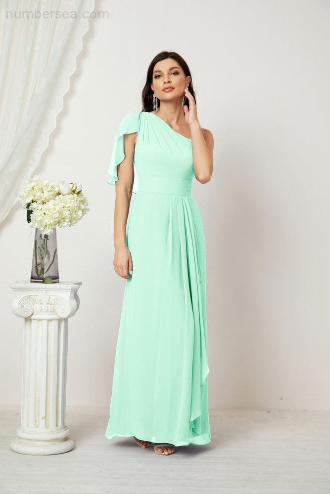 Baoleely  Chiffon Ruffled One Shoulder Long Bridesmaid Dresses A-line Formal Evening Gown Side Split 2809