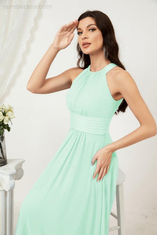 Baoleely Formal Party Gown Dress Chiffon Halter Long Sleeveless Bridesmaid Dresses 2802