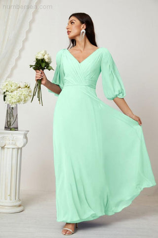 Baoleely  Formal Prom Gown Women V-Neck Chiffon Bridesmaid Dresses Long Bishop Sleeve Party Dress 2807