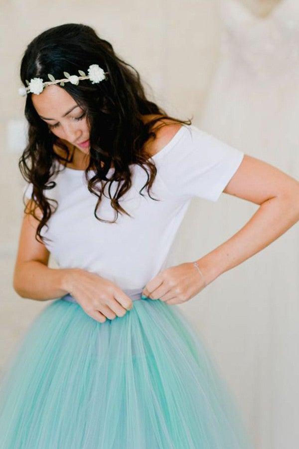 Robe de demoiselle d'honneur deux pièces en tulle menthe à fines bretelles et traîne balayée BD082