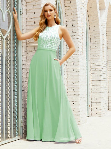 Vestido de dama de honor de encaje, largo hasta el suelo, con bolsillos, 28017 