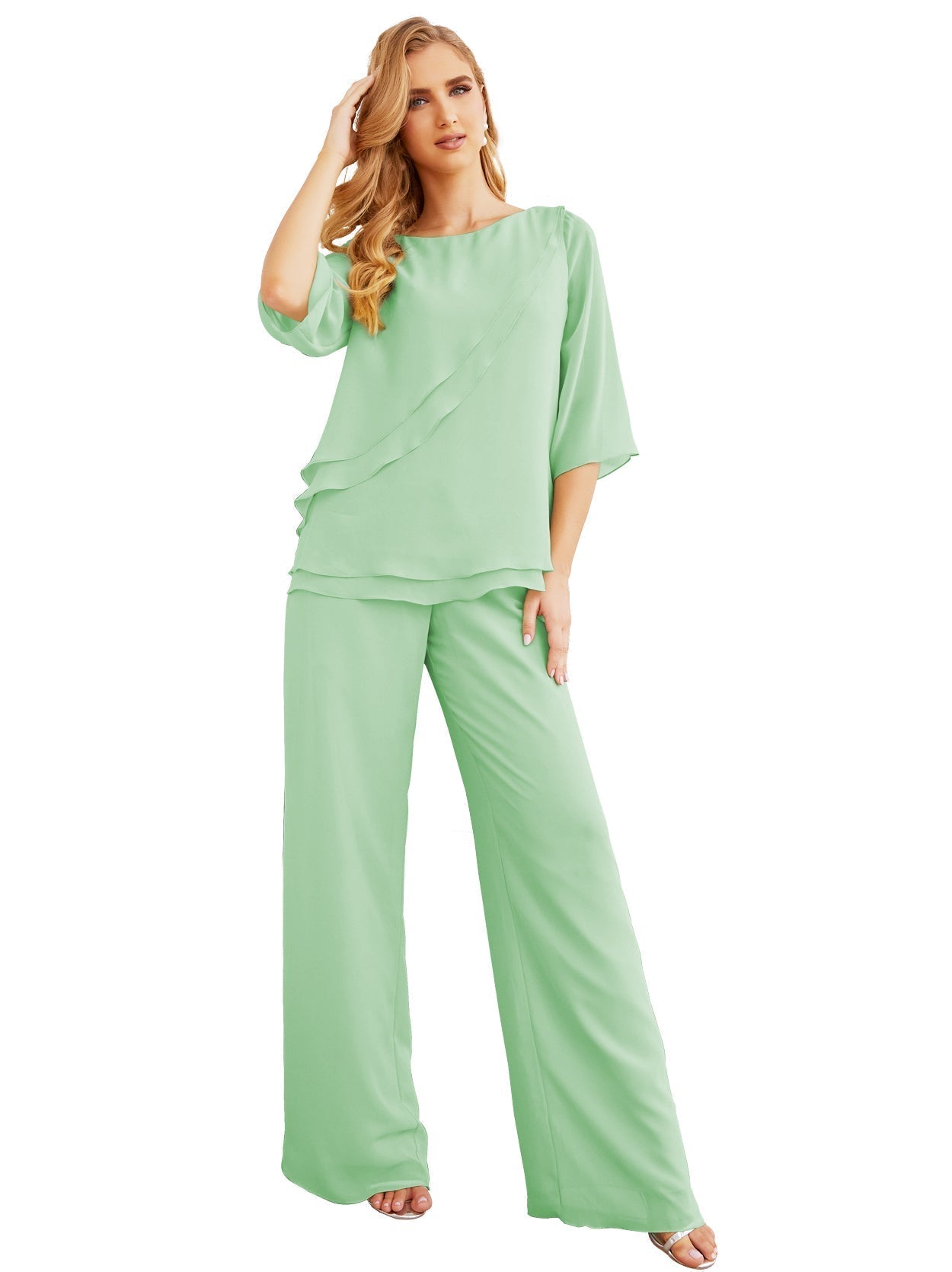 Elegante conjunto de pantalón y bata plateada de dos piezas para la madre de la novia, talla grande, con volantes, Sunderly Elegant SY28064