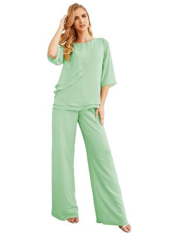 Elegante conjunto de pantalón y bata plateada de dos piezas para la madre de la novia, talla grande, con volantes, Sunderly Elegant SY28064