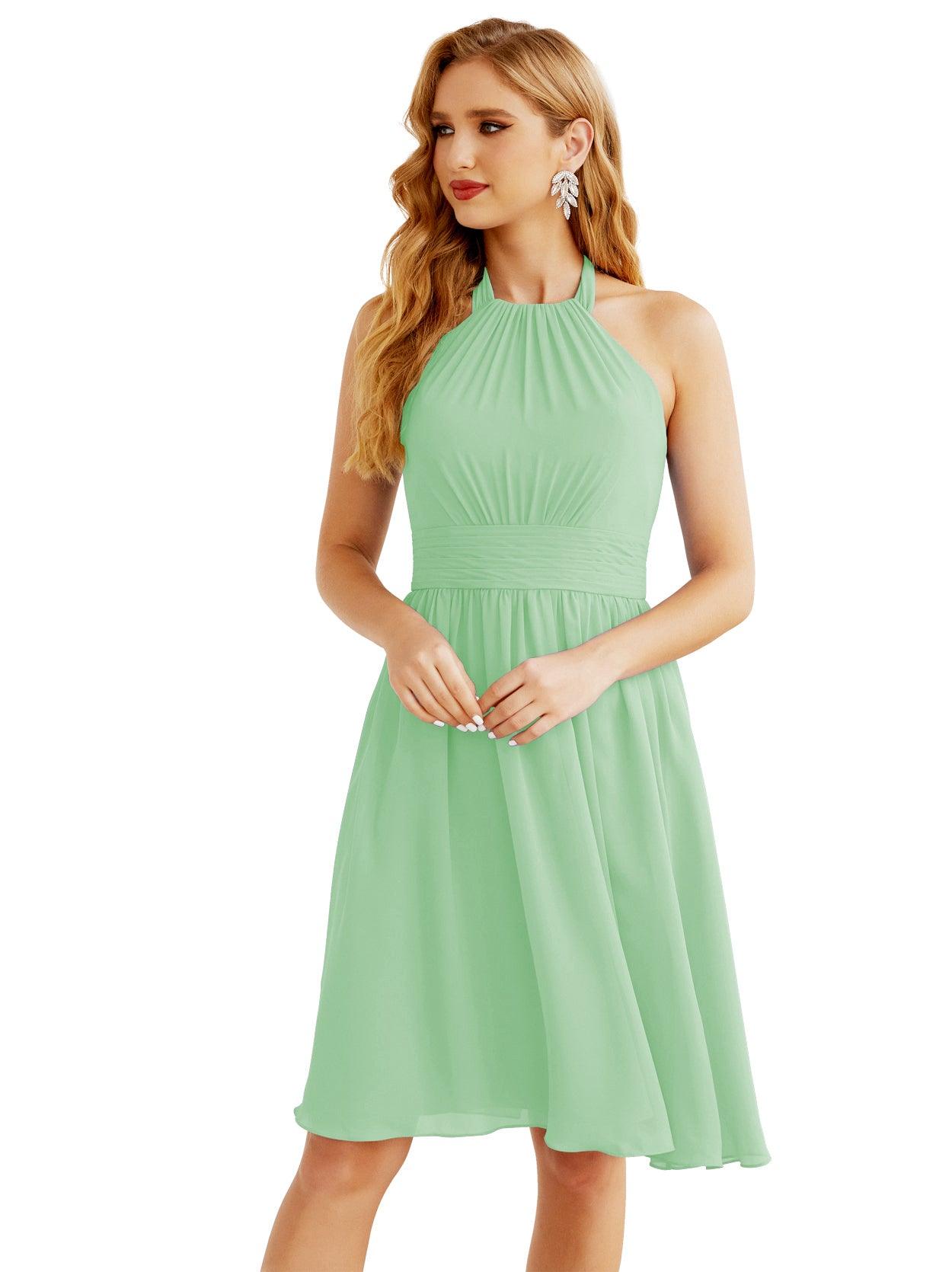 Baoleely - Vestido de dama de honor de gasa con cuello halter, corto, sin mangas, formal, para fiesta, espalda descubierta, 28023 