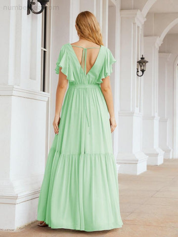 Vestido de fiesta formal de noche con espalda descubierta para mujer Baoleely, escote en V, largo, de gasa, con cinturón a la cintura 28038