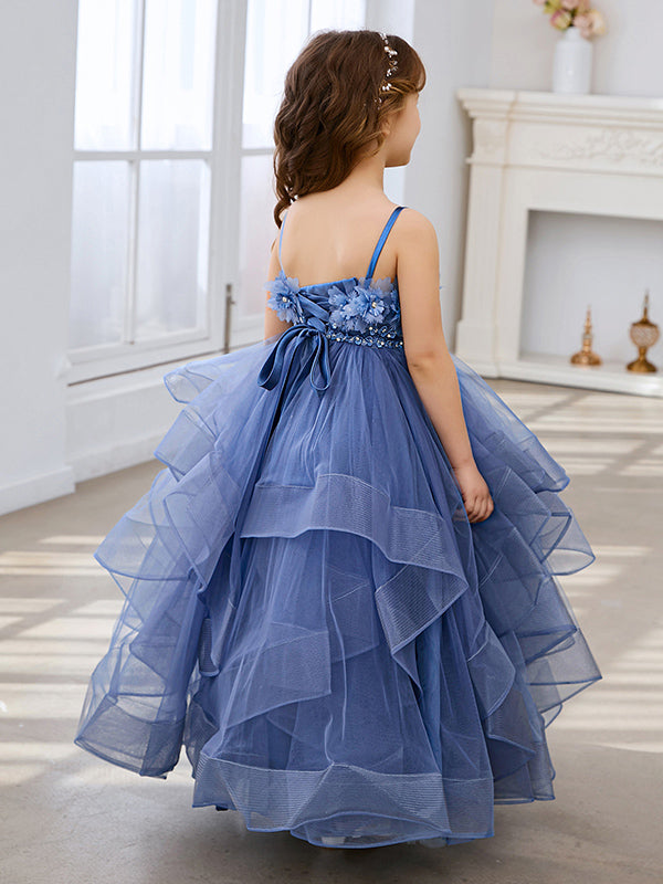 Vestido de niña de las flores de tul sin mangas, corte princesa, azul pizarra, corte en A, estilo princesa 