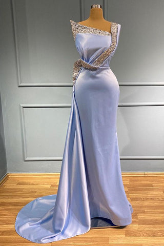 Long Mermaid One Shoulder Sleeveless Satin Beads Prom Dress With Ruffles