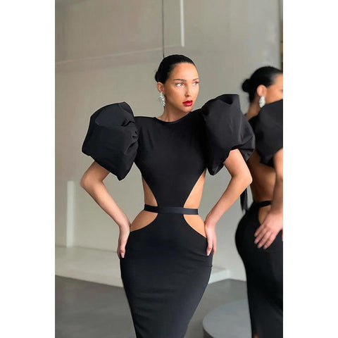 Round Neck Cut Outs Sheath Long Prom Evening Gown With Puff Sleeves