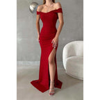 Vestido largo de fiesta formal con escote en V y hombros descubiertos, abertura lateral y brillo 