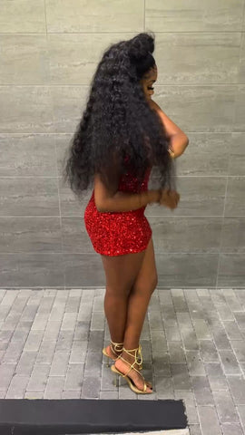 Robe de bal rouge à sequins et col en V pour jeune fille noire (Y324)