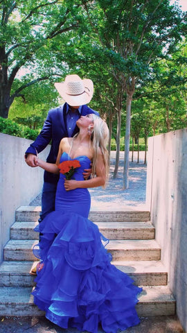 Robe de bal longue sirène en satin bleu royal et tulle Y349