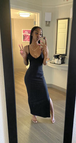 Robe longue noire à fines bretelles, robe de soirée sexy Y320