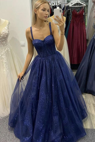 Robe de bal longue en tulle bleu pailleté, coupe trapèze, Y316