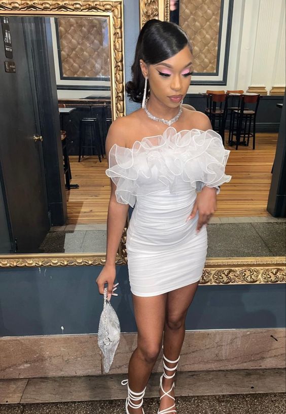 Vestido corto blanco para baile de bienvenida con volantes, vestidos sexys para baile de bienvenida Y334